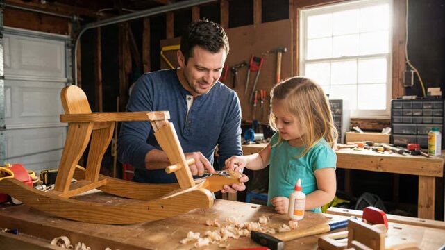 Man and a little girl assemble a wooden toy, a father and his daughter bond over building a rocking horse in a workshop.