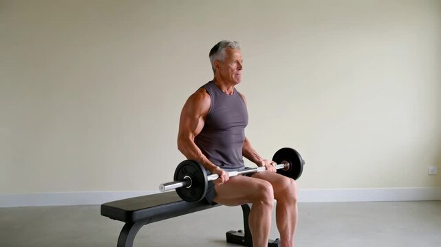 Senior man performing bicep curl exercise on a bench, demonstrating arm strength for fitness and healthy lifestyle