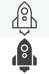 Spaceship rocket icon set in line and solid style. Outline and solid vector icon with editable stroke. Rocket ship sign and symbol for space launch icon.