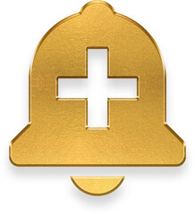 Fototapeta premium Gold foil texture icon of a notification bell with a plus sign