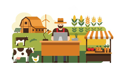 Obraz premium Digital Farm Management: Modern Farmer Using Laptop for Agribusiness, Surrounded by Livestock, Sustainable Energy, and Produce Market Flat Illustration.