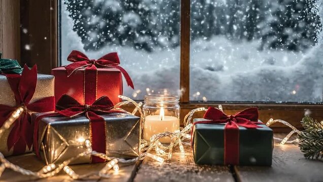 Wrapped Christmas gifts with fairy lights by window in winter  