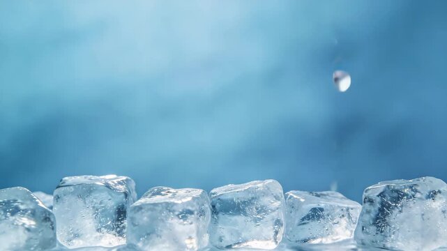 clear ice cubes arranged as bottom frame on blue video