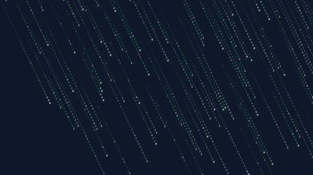 Digital rain of binary code 0s and 1s flowing down a dark background. Ideal for data processing, cybersecurity and advanced digital technologies background.
