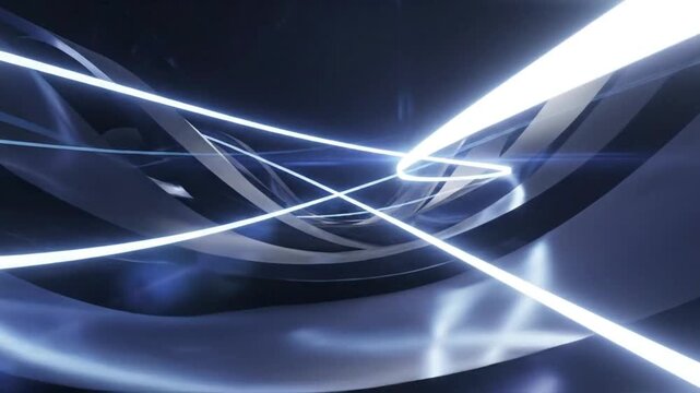 Glowing blue and silver waves with light trails on dark background for technology concepts