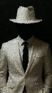 High contrast shot of a faceless man wearing a bright white suit and white fedora with a black necktie standing against a solid black studio background, made of cubes

