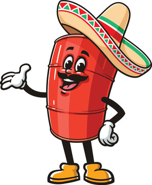 Cartoon mascot of an oil drum wearing a sombrero