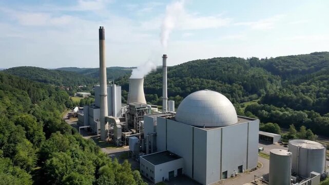 Nuclear power plant carbon capture storage facility with cooling tower and dome reactor amid green forested valley steam rising