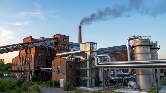 Industrial plant brick factory pipeline smokestack emissions carbon capture and storage building showing pipes and chimney plume dusk sunset urban