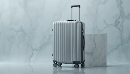Modern silver suitcase on wheels with marble block