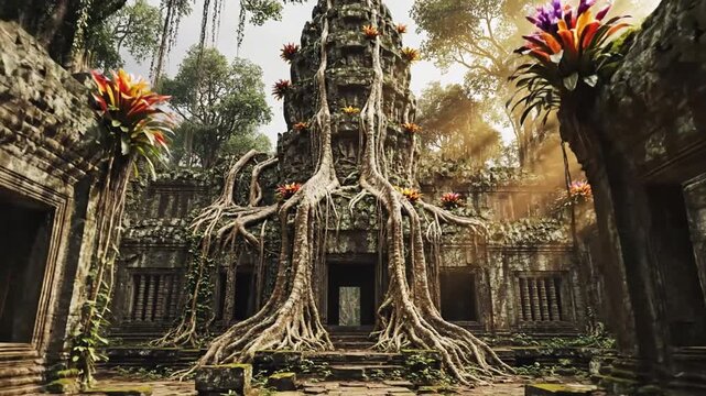 Ancient temple ruins overgrown with tree roots in a tropical jungle