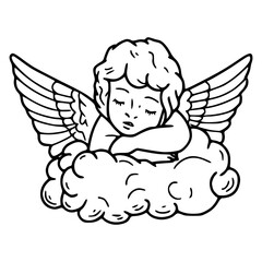 Fototapeta premium cute cherub angel sleeping on cloud line art illustration