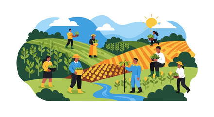 Naklejka premium Diverse Farming Team Working in Agricultural Fields. Flat Vector Illustration of Sustainable Harvest, Rural Labor, and Community Growers.