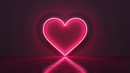 Glowing pink neon heart sign reflecting on a dark glossy surface