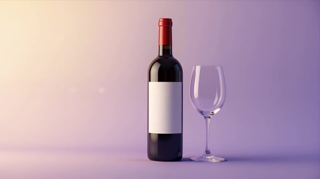 Elegant Red Wine Bottle And Glass Standing Side By Side Against Soft Purple Gradient Backdrop Ideal For Branding Mockups