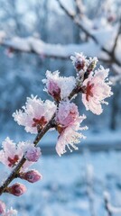 Plum blossom covered with frost and snow crystals, pastel pink contrast with cool blue winter background, ultra detailed macro

