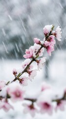 Peach blossom branch with fresh snow, soft snowfall streaks, blurred foreground petals, poetic winter mood, high detail macro photography
