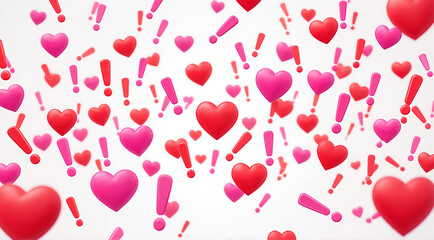 Festive pattern of vibrant red and pink hearts and exclamation marks, perfect for Valentine's Day and celebrations.