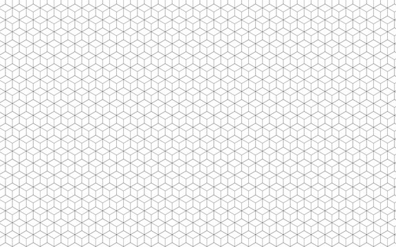 Seamless isometric cube pattern in thin gray lines on white, offering a minimalist geometric background and repeating texture ideal for design, packaging, architecture mockups, and modern surface patt