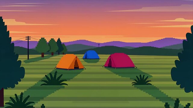 Pixelated Camping Scene Featuring Three Colorful Tents Set Against Vibrant Mountain Backdrop During Serene Orange-Hued Sunset