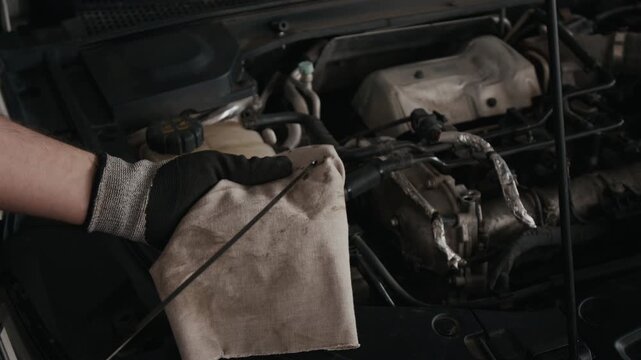 Close-up of hands of unrecognizable automobile repair garage worker examining oil level with dipstick and wiping on cloth, while performing checkup of car engine and lubrication