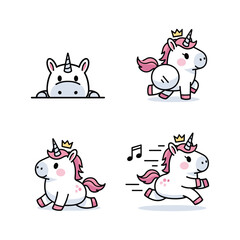 Fototapeta premium Cute cartoon unicorn set with different emotions and actions in a minimalist style