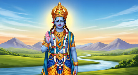 Obraz premium Shree Ram Radiant Halo Blessing – Royal Blue Hindu Art. 