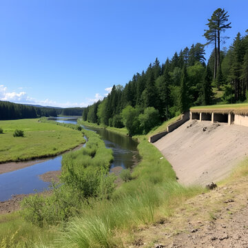 Looking upriver to the Manawa dam and the berm to the side that was washed away by heavy recent rains in early July 2024 draining the millpond behind it
