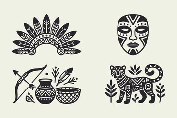 Tribal Ethnic Icon Set: Mask, Headdress, Jaguar, and Weaponry. © Ghaghah24