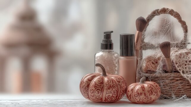 a smart city with glowing flow of traffic and data Elegant Halloween decoration with pumpkins and makeup brushes on wooden table a human brain with glowing flow of thoughts and ideas glowing flow