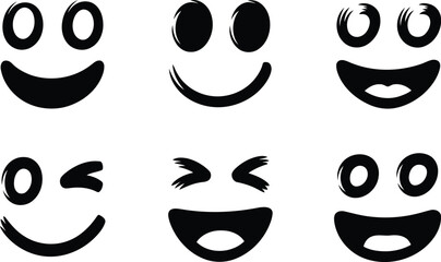 A set of six unique black brush stroke style expressive faces with various positive emotions