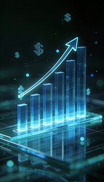 Trade growth concept featuring glowing blue bar chart and upward arrow symbolizing financial success profit in digital business environment with rising graph and futuristic technology background