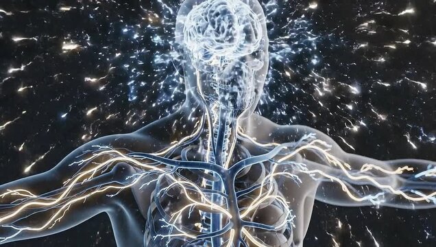 Human body with glowing nervous system and brain explosion effects  