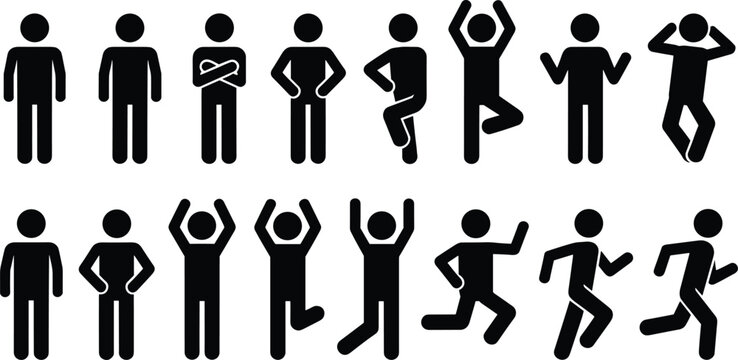 Collection of human stick figure silhouettes showing various poses including standing, thinking, celebrating, jumping and running isolated on white background icon set