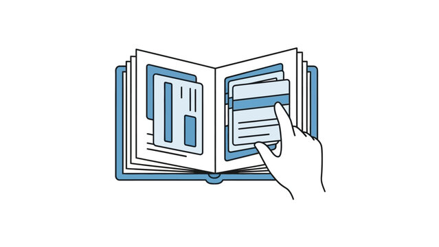 Hand interacting with open book.