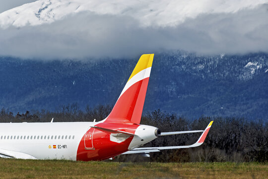 Geneva, Switzerland - february 13, 2026 :  : sign and logo on a Airbus A320-271N of Iberia on the runway of Geneva Airport