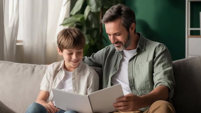 Father reading a book with son on a sofa at home, happy family