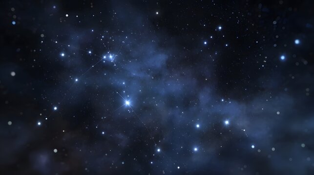 Luminous constellations glow in the deep blue expanse of the starry night sky with nebulae and cosmic dust