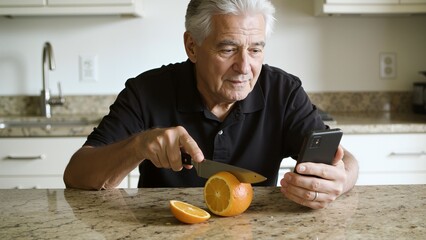 Older man cutting orange in kitchen