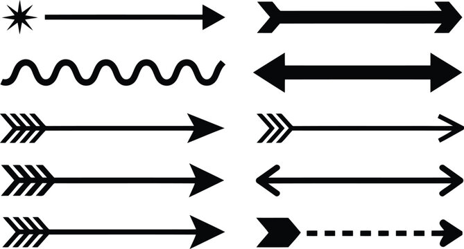 Assorted black arrow glyphs and directional symbols presented on a clean isolated white background