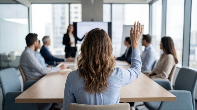 Woman raising her hand during a business meeting presentation
