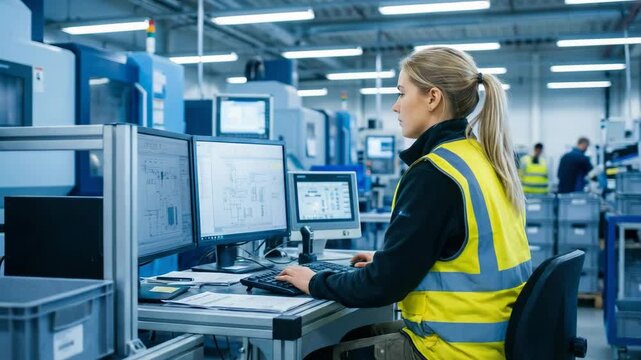 industrial engineers developing engine model and robot system video