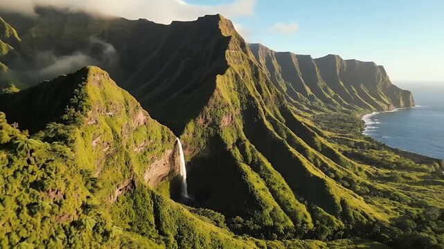 Aerial View of Lush Green Cliffs with Cascading Waterfall by the Ocean at Sunny Day