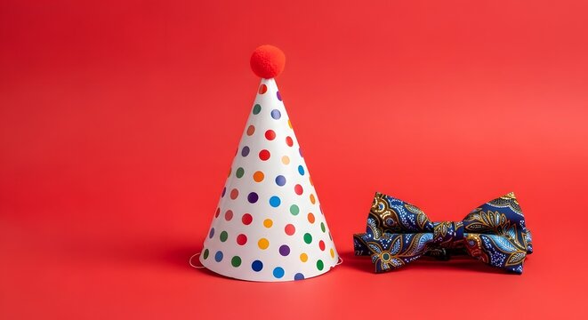 A white party hat with colorful polka dots and a red pompom sits next to a blue bow tie on a red background as seen from the front ep2 (207).jpg