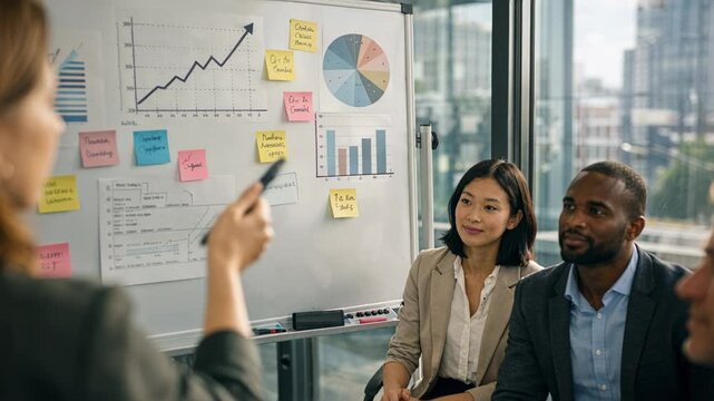 Female Team Leader Presenting Q1, Q2, Q3, Q4 Business Strategy on Whiteboard to Diverse Team
