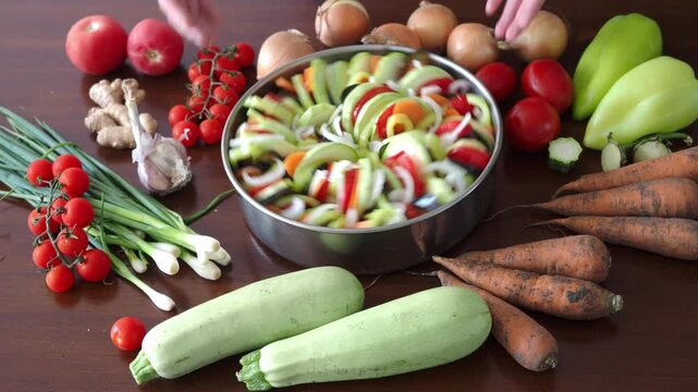 Fast Rotation move Vegan french tian 4K. Traditional French vegetable seasonal ratatouille casserole. Harvest festival autumn dish. Onions zucchini, eggplant, tomatoes, peppers arranged circle