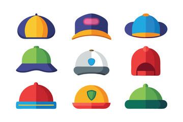 Fototapeta premium hats and caps flat color icons set vector on white background