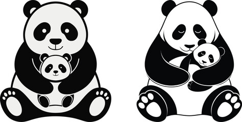 Cute minimal mother and baby panda vector illustration in black and white flat style, simple rounded shapes isolated on light background, perfect for nursery, wildlife, logo and children design. © meerobeul