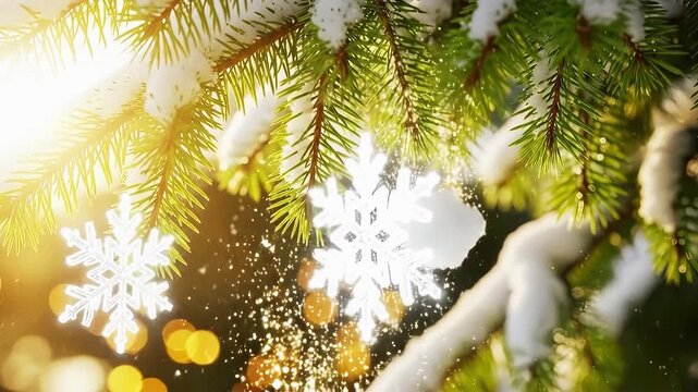 Gentle snowfall and sparkling snowflakes adorn pine branches with warm golden sun flare