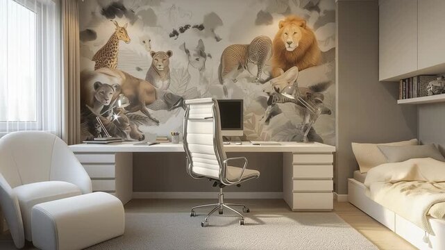 Modern kids bedroom with animal wall mural, study desk and cozy single bed in soft neutral tones